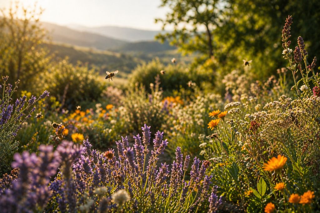 abejas volando entre flores