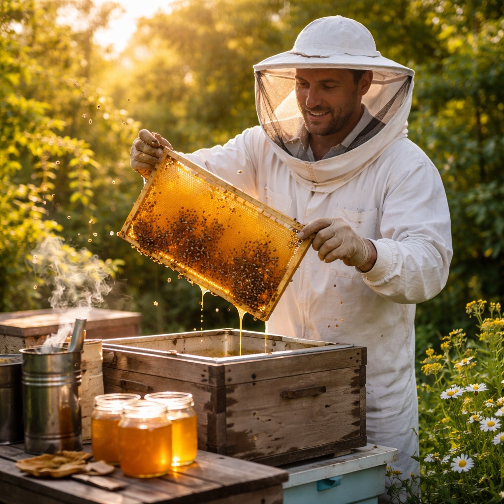 apicultor cosechando miel de abeja