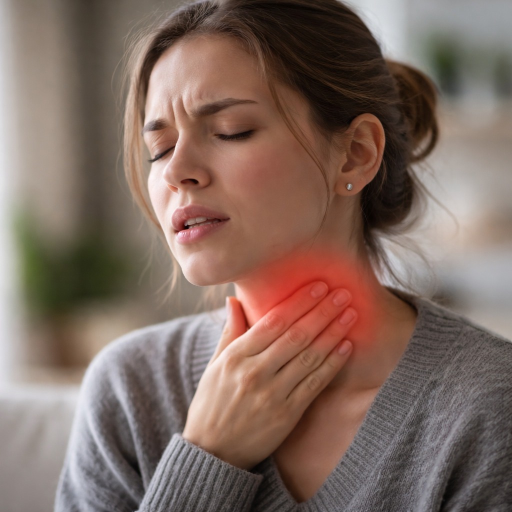 Mujer con síntoma de dolor de garganta