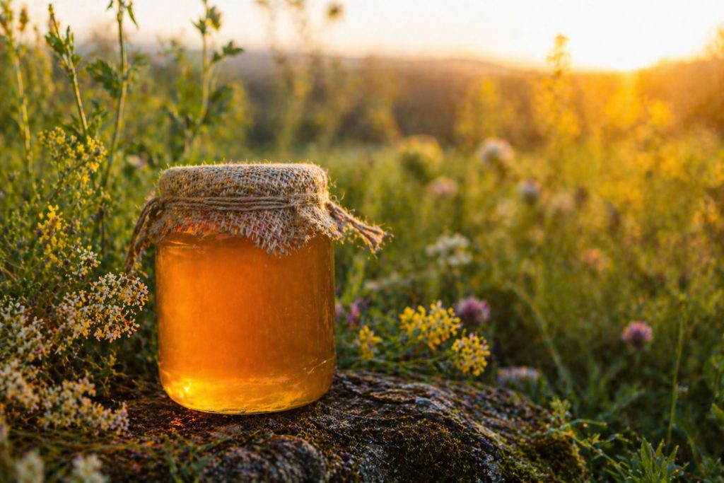 frasco de miel, en jardín de flores
