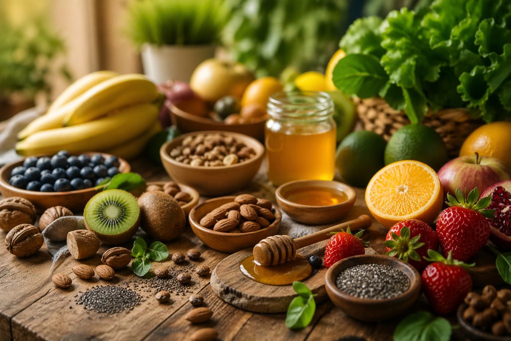 mesa con variedad de futas, semillas y miel