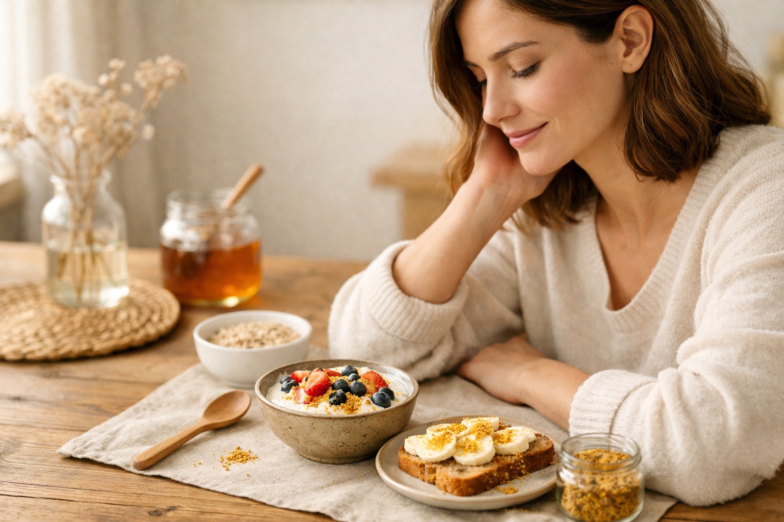 mujer con alimentos y polen