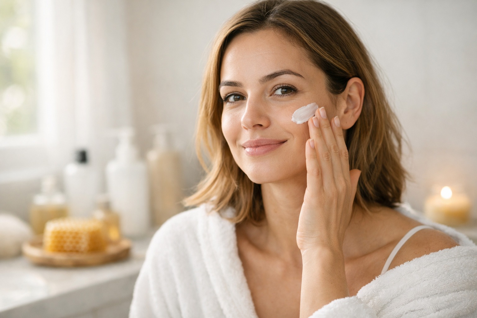 Mujer con productos de miel 