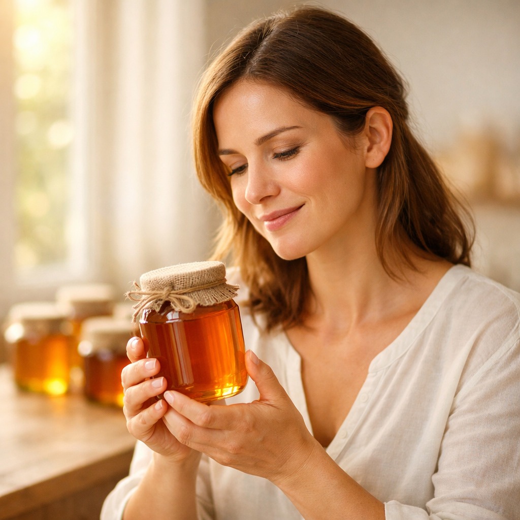 Mujer joven con frasco de miel en sus manos