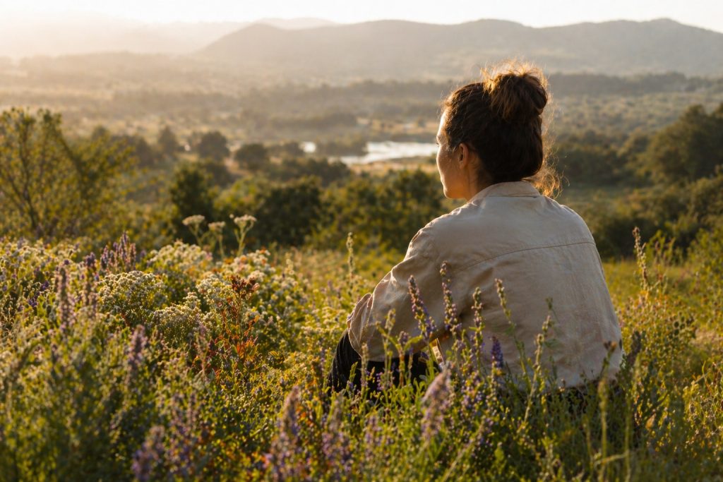 mujer sentada en campo de flores