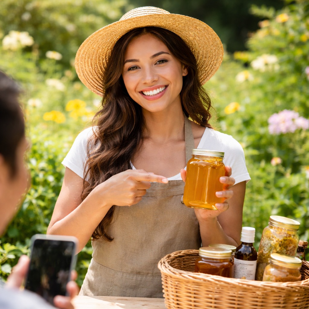 Mujer joven señalando productos de miel de abeja
