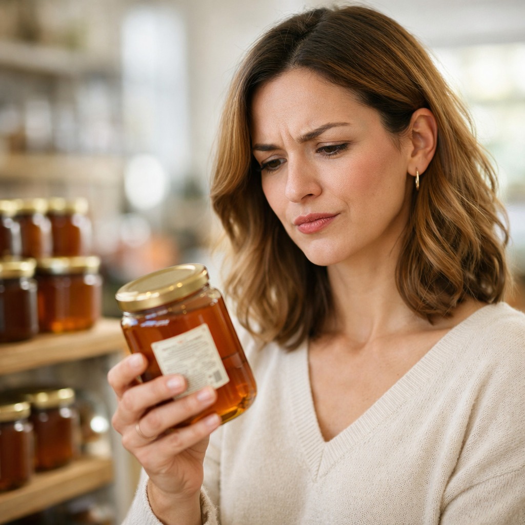 mujer sosteniendo frasco de miel dudosa