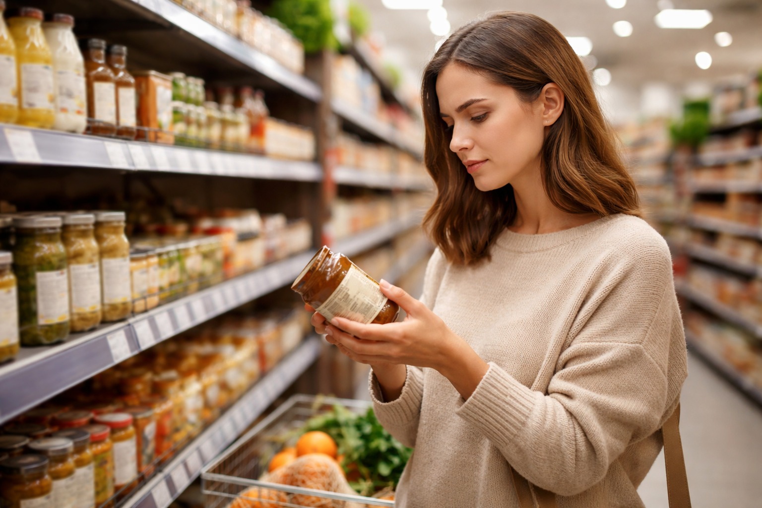 Mujer seleccionando miel en supermercado