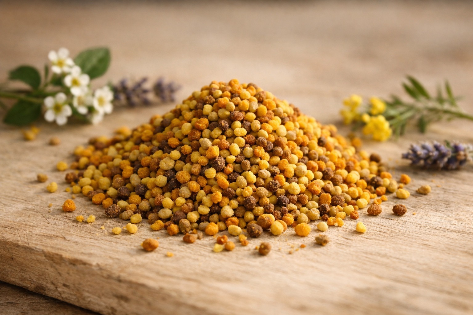 Polen de abeja y flores