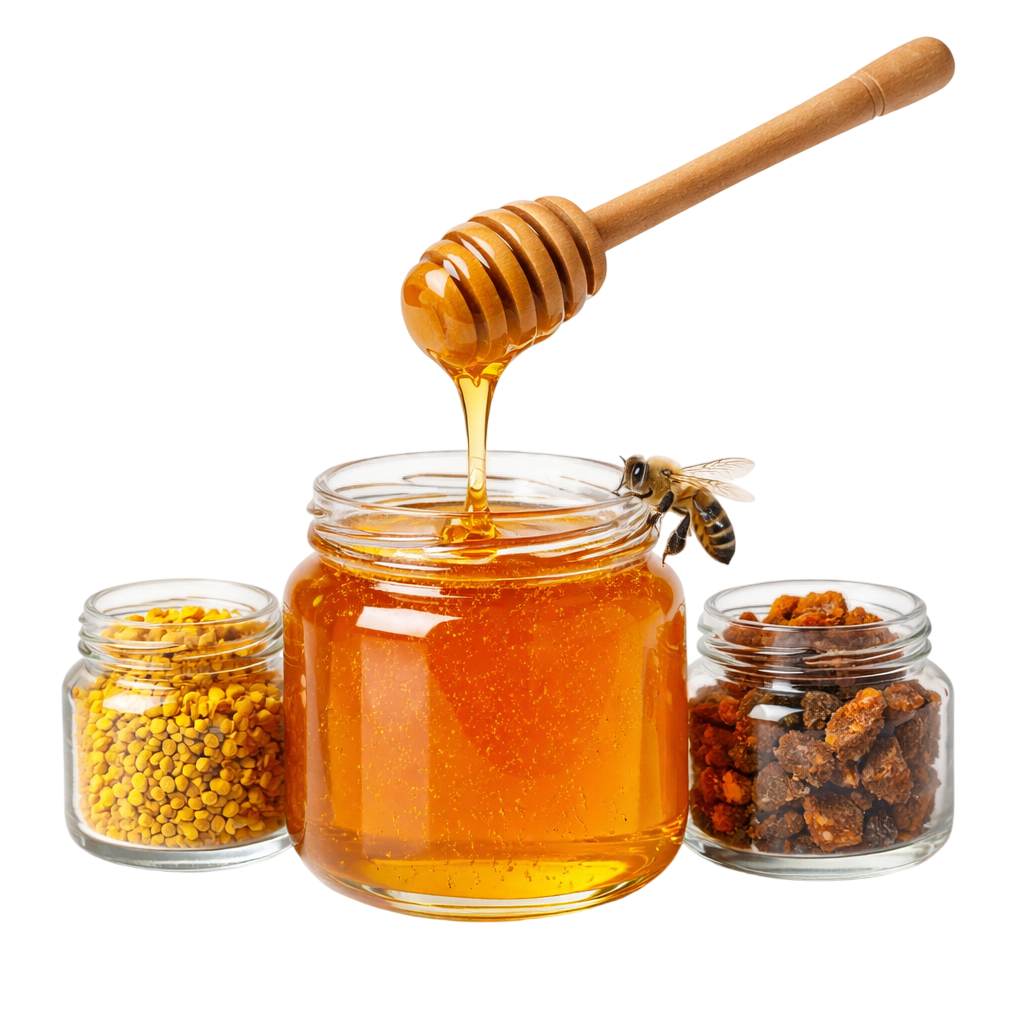 Miel natural y pura de abeja, polen y propóleo de la abeja Apis mellifera