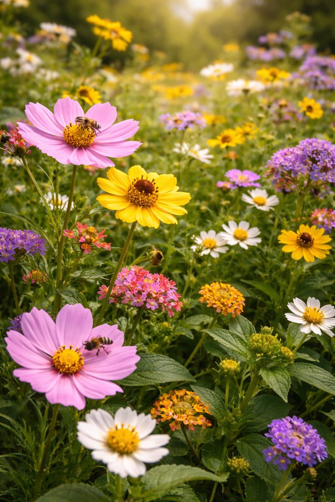 Variedades de flores y colores con abejas
